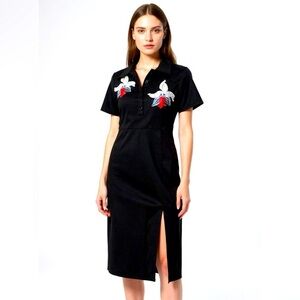 Checocre Black Embroidered Midi Dress Elegant Modern UK 8 US 4 Parisian Inspired